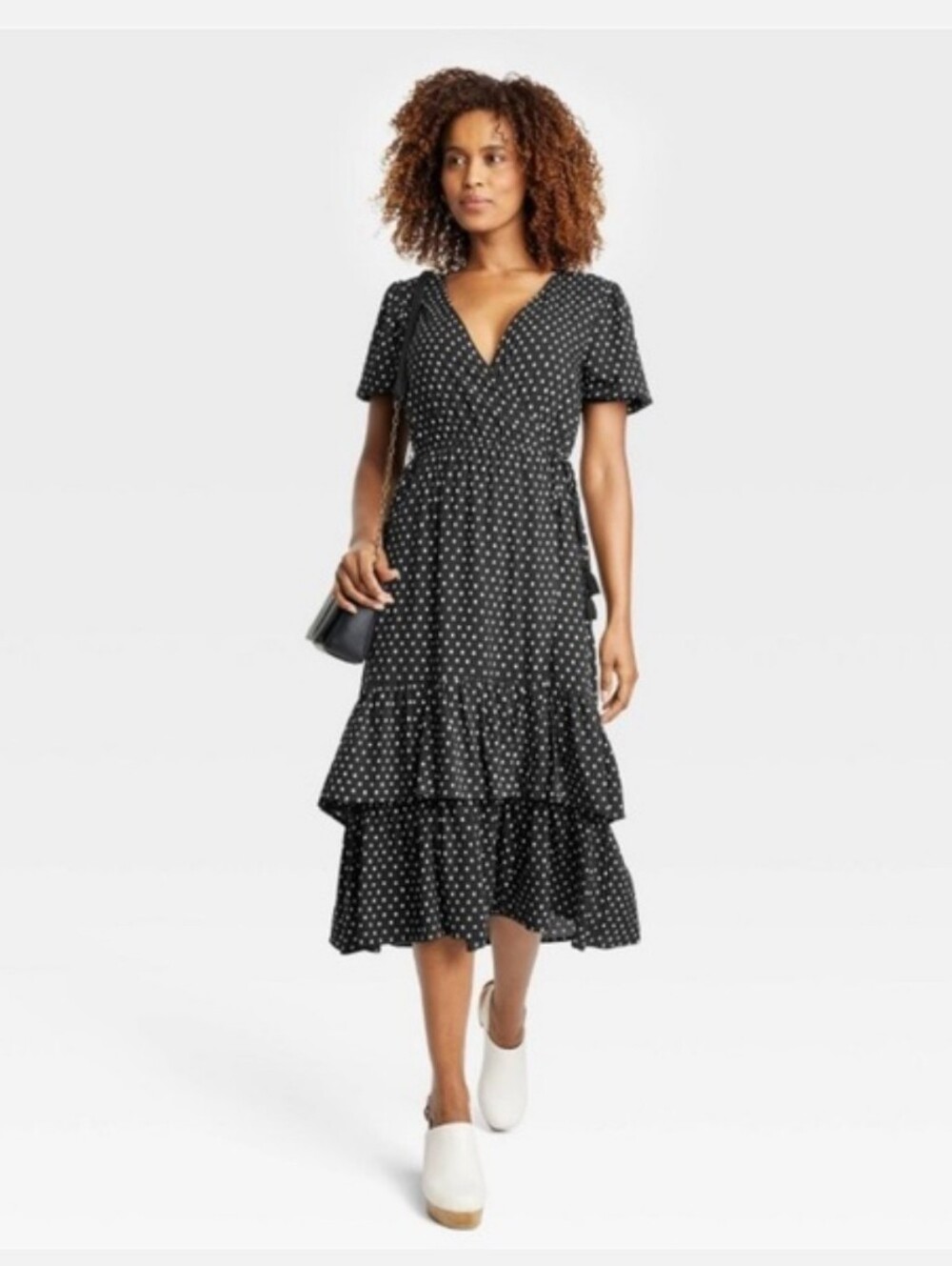 Knox Rose wrap dress in black with cream dots